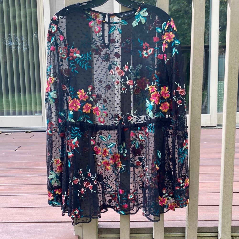 Zara long sleeve embroidered sheer tunic
